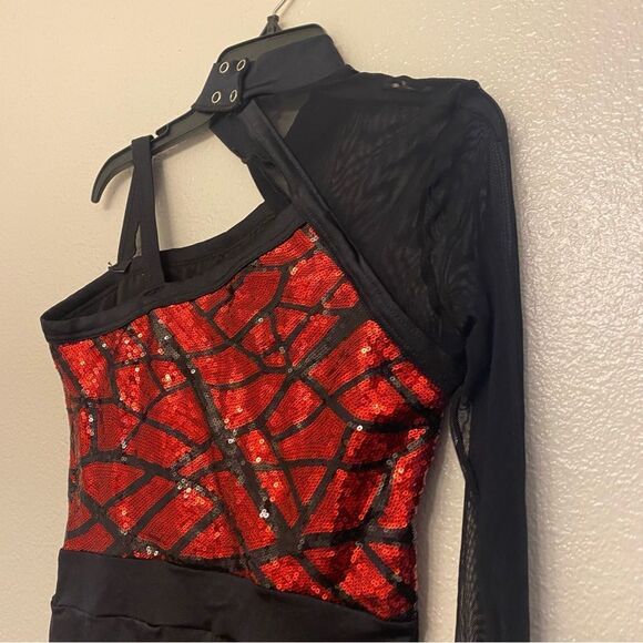 WEISSMAN Dance costume red sequin one sleeve Electricity 12208 XLC child - Picture 6 of 12